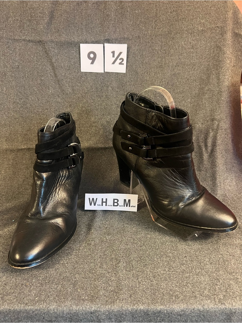 WHBM Black Leather Ankle Booties with Buckle Straps- size 9.5